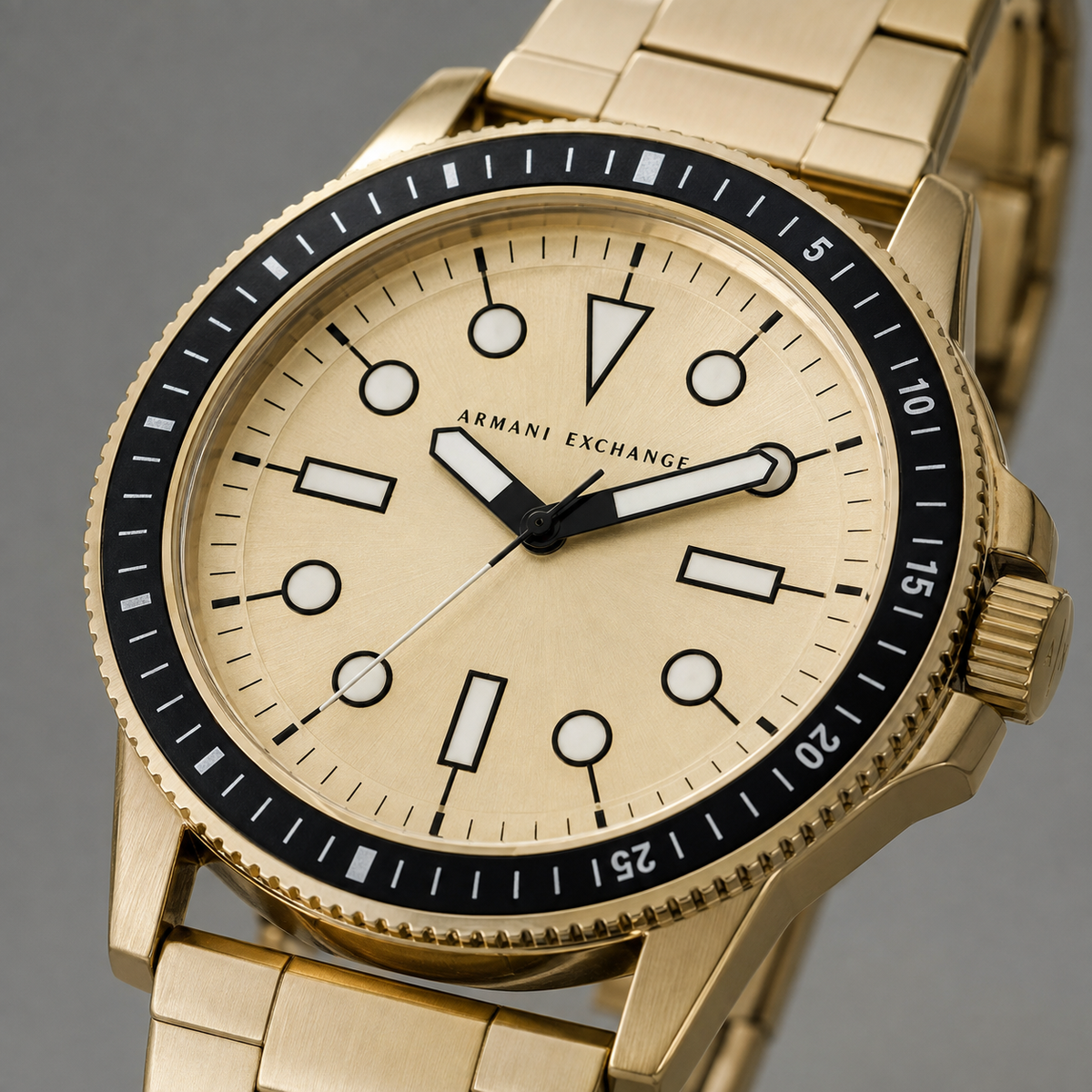 AX1854 men's gold-tone dive-style watch dial macro detail