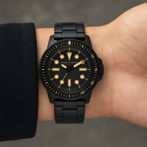 AX1855 men's black and gold dive-style watch worn on the inner wrist