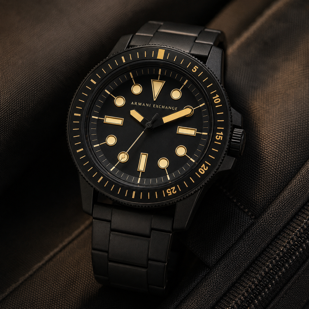 AX1855 men's black and gold dive-style watch editorial lifestyle view