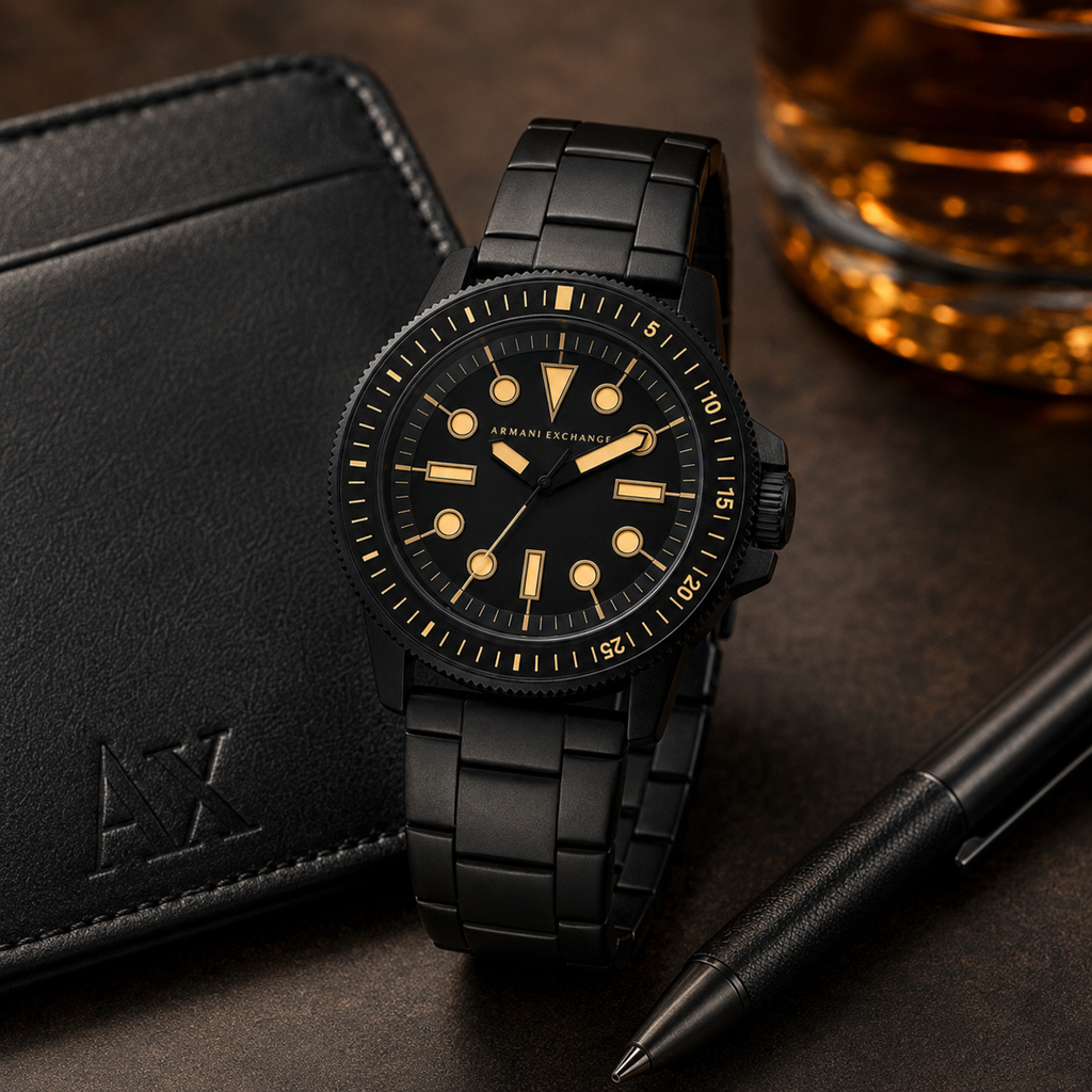 AX1855 men's black and gold dive-style watch modern desk lifestyle view