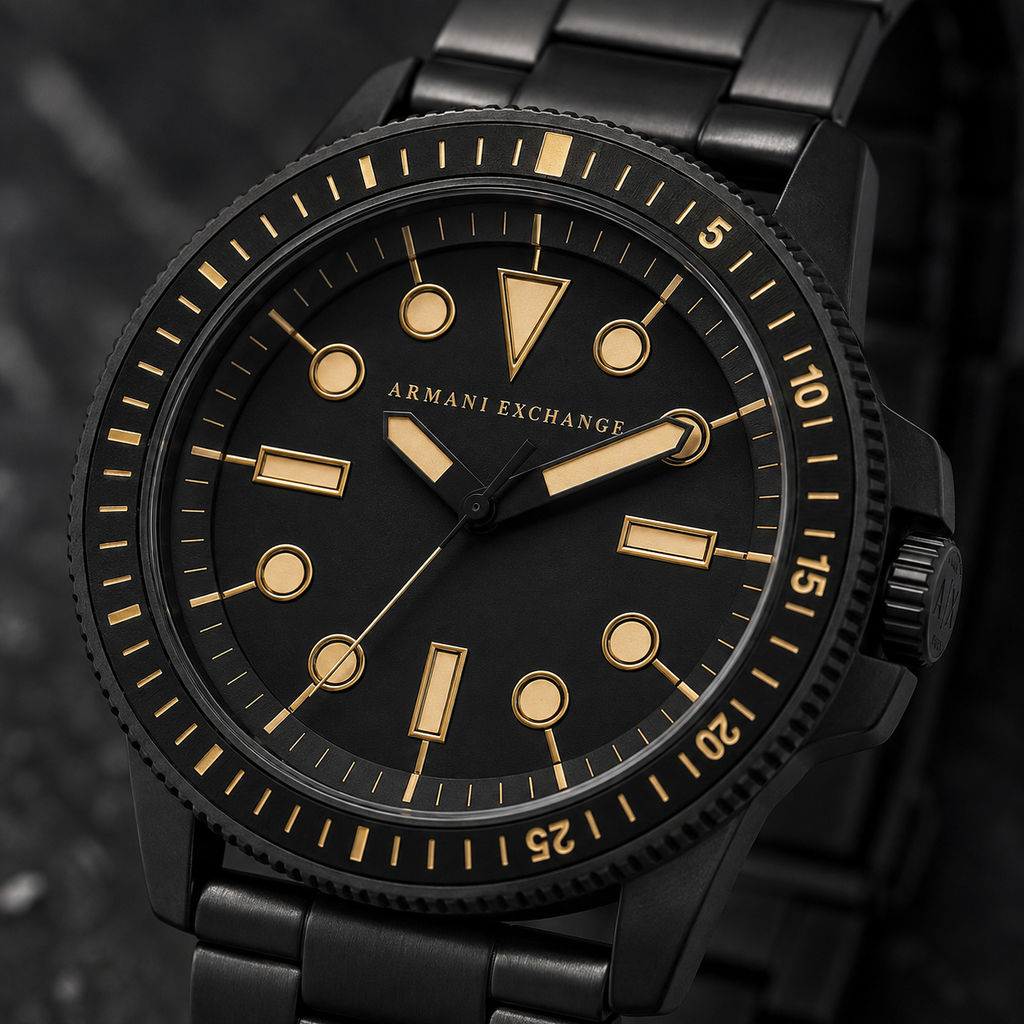 AX1855 men's black and gold dive-style watch dial macro detail