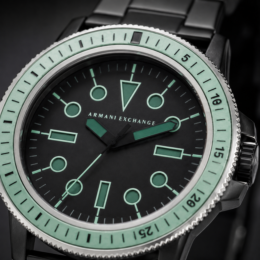 AX1858 men's black and mint dive-style watch dial macro detail