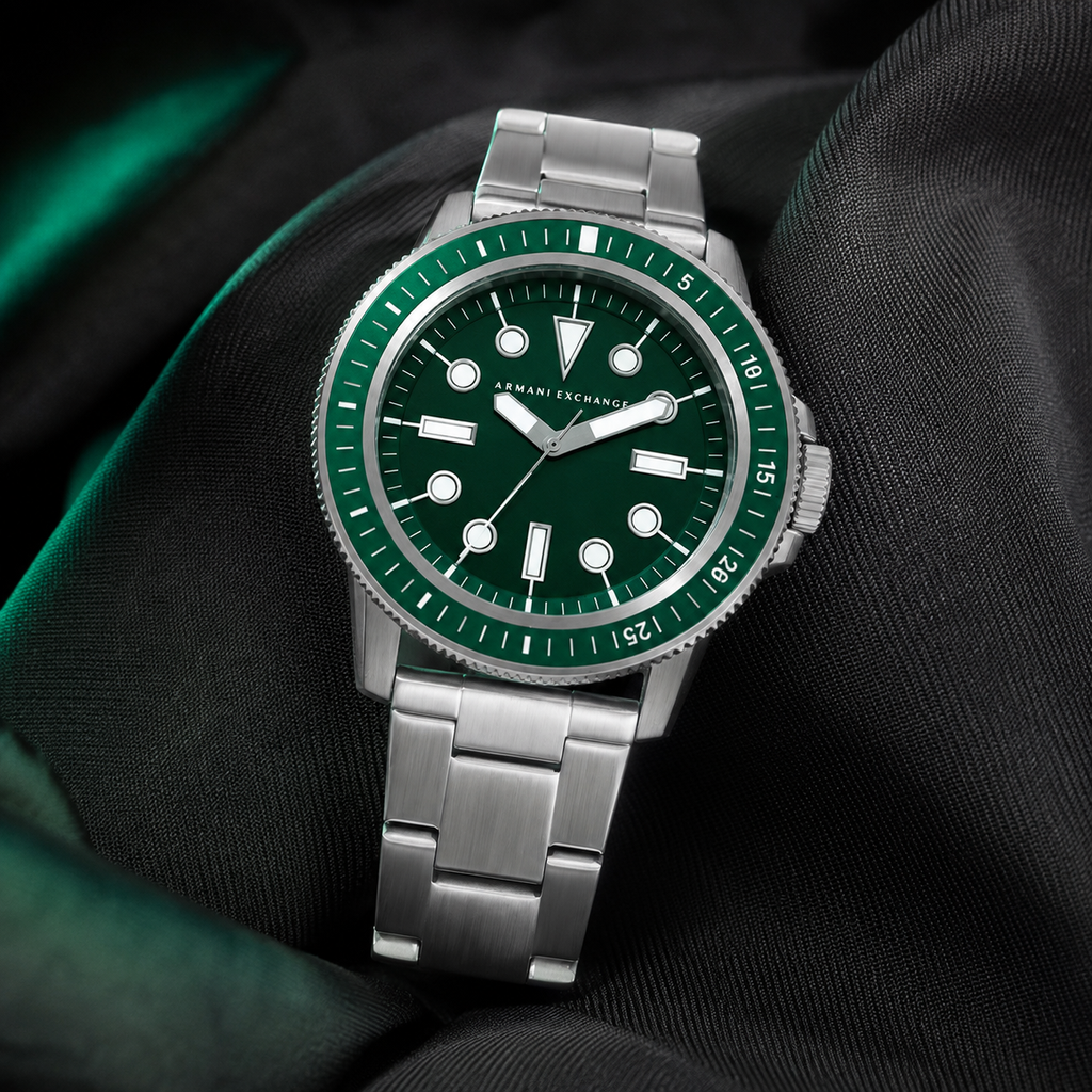 AX1860 men's silver and green dive-style watch editorial lifestyle view