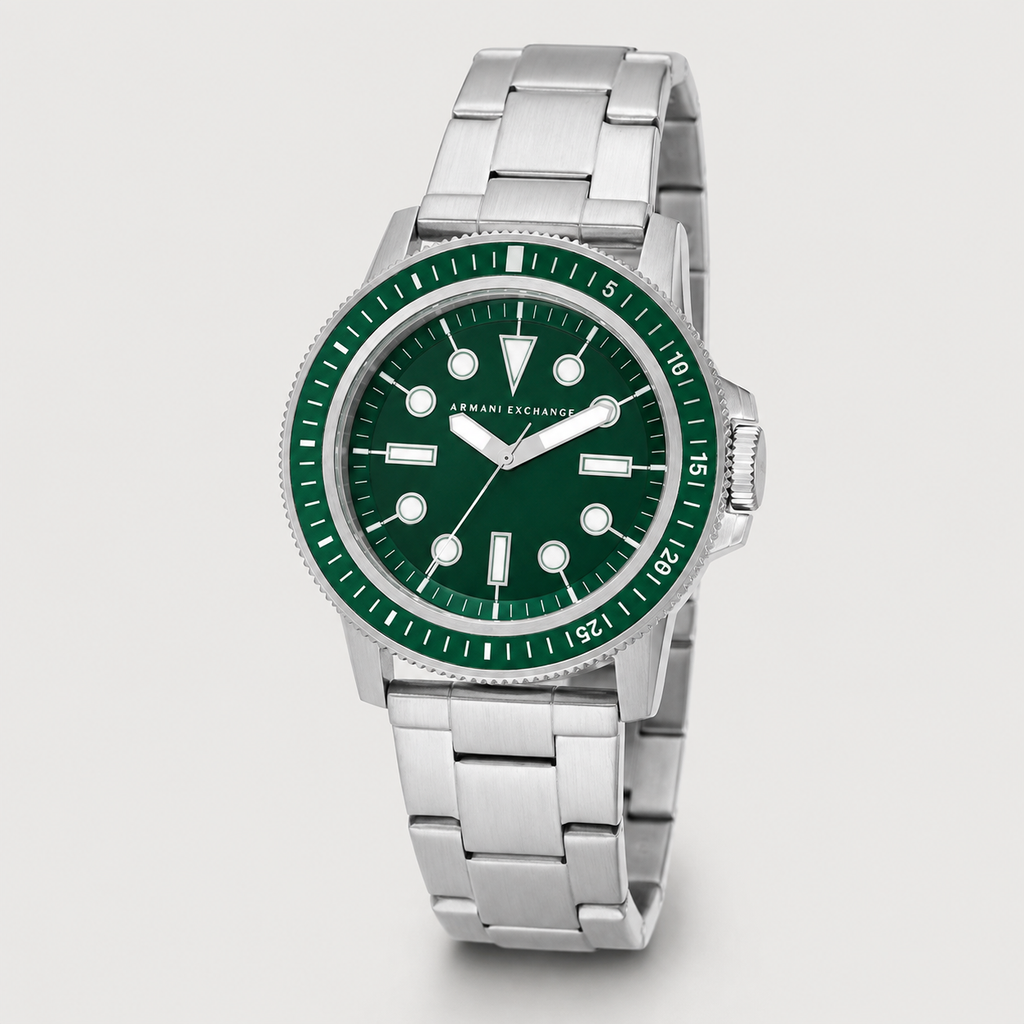 AX1860 men's silver and green dive-style watch studio product view