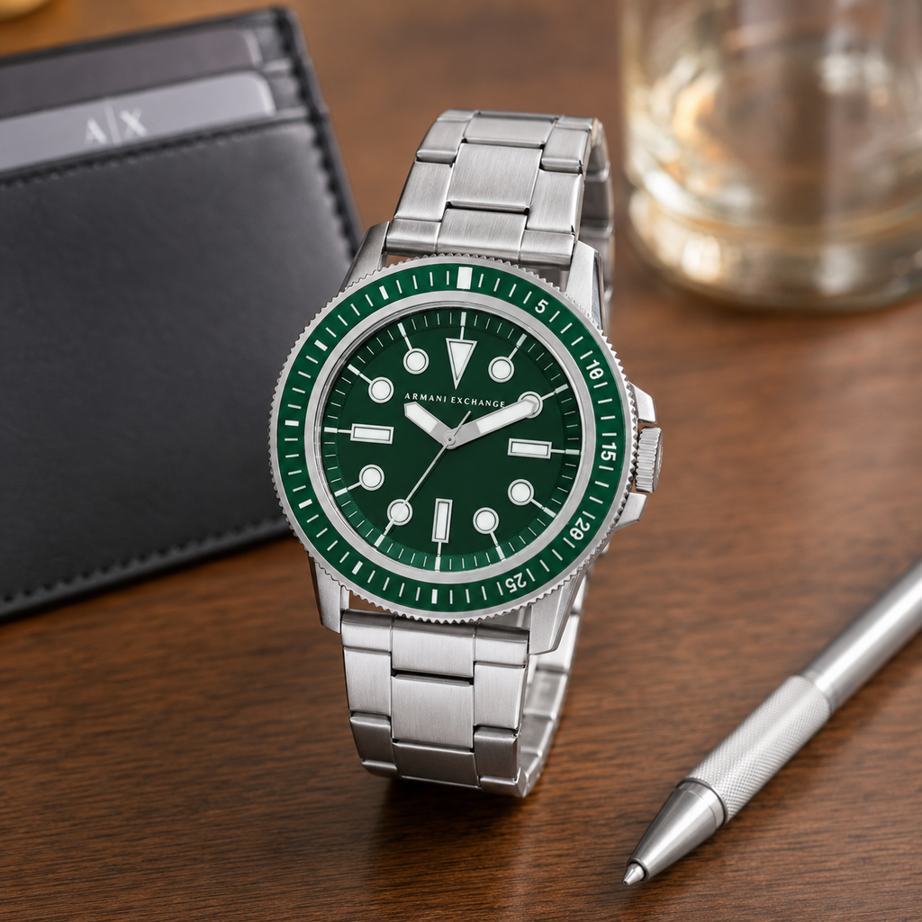 AX1860 men's silver and green dive-style watch desk lifestyle view