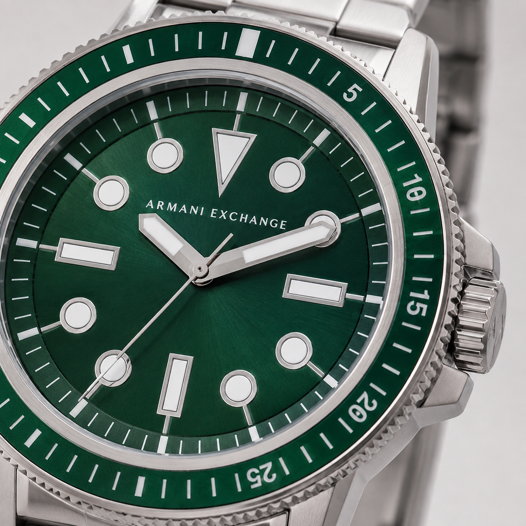 AX1860 men's silver and green dive-style watch dial macro detail