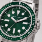 AX1860 men's silver and green dive-style watch dial macro detail