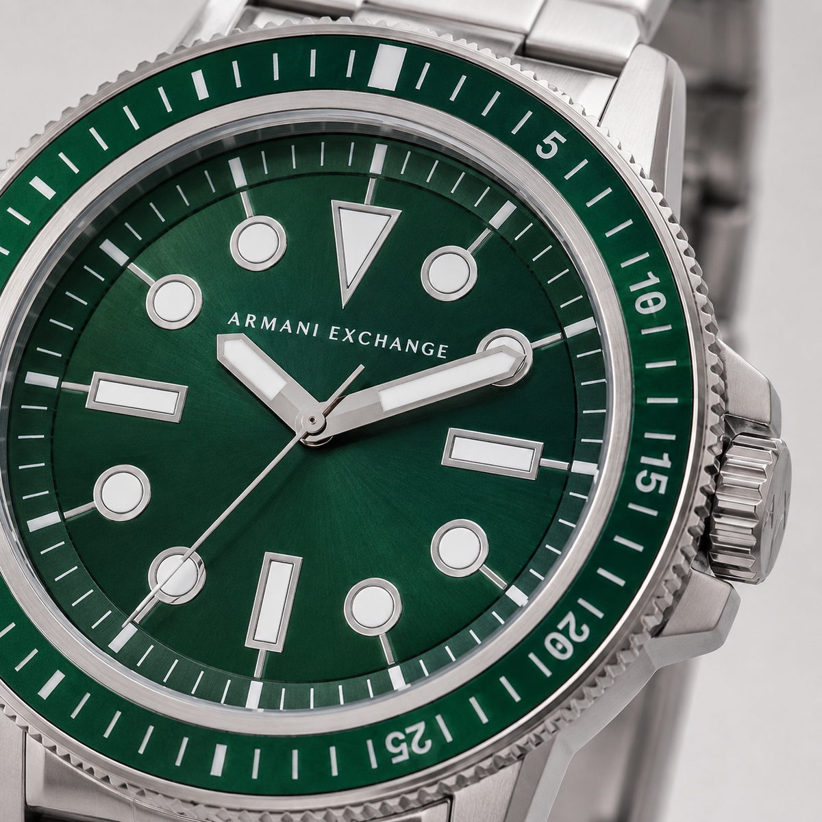 AX1860 men's silver and green dive-style watch dial macro detail