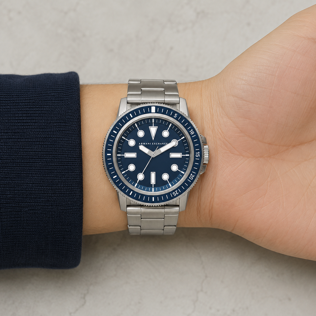 AX1861 men's silver and navy dive-style watch worn on the inner wrist