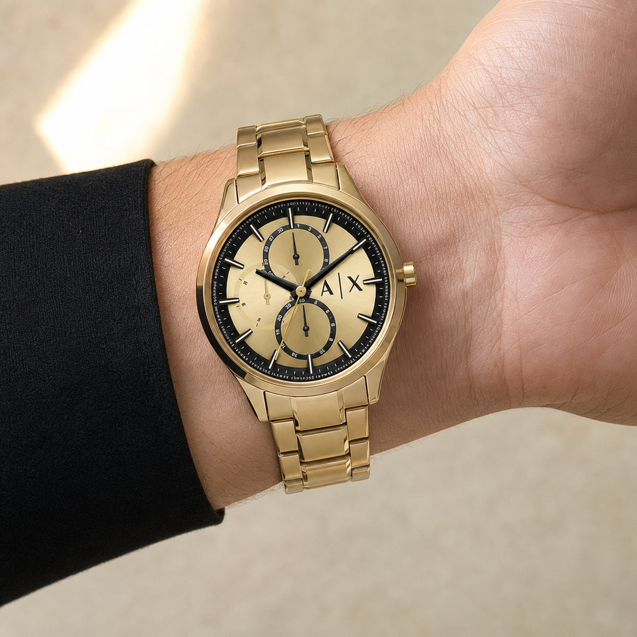 AX1866 men's gold-tone chronograph watch worn on the inner wrist
