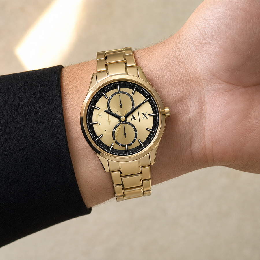 AX1866 men's gold-tone chronograph watch worn on the inner wrist