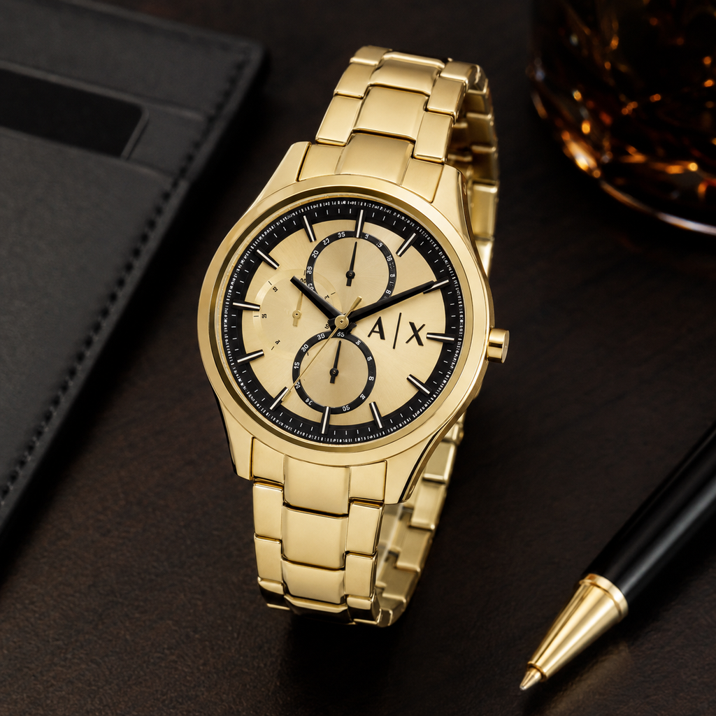 AX1866 men's gold-tone chronograph desk lifestyle view