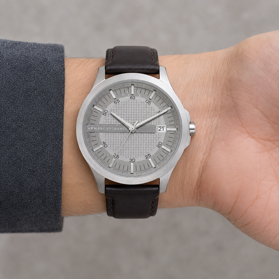 AX1867 men's silver textured-dial leather watch worn on the inner wrist