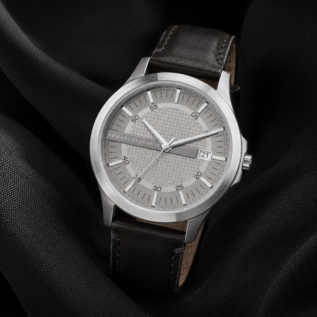 AX1867 men's silver textured-dial leather watch editorial view