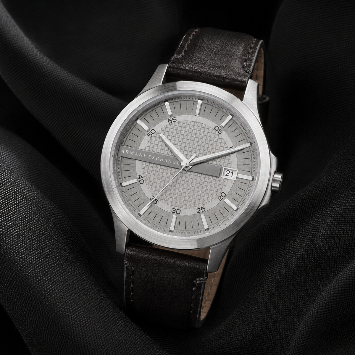 AX1867 men's silver textured-dial leather watch editorial view
