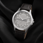AX1867 men's silver textured-dial leather watch editorial view