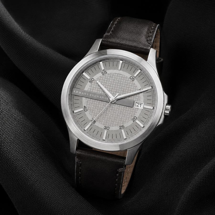 AX1867 men's silver textured-dial leather watch editorial view