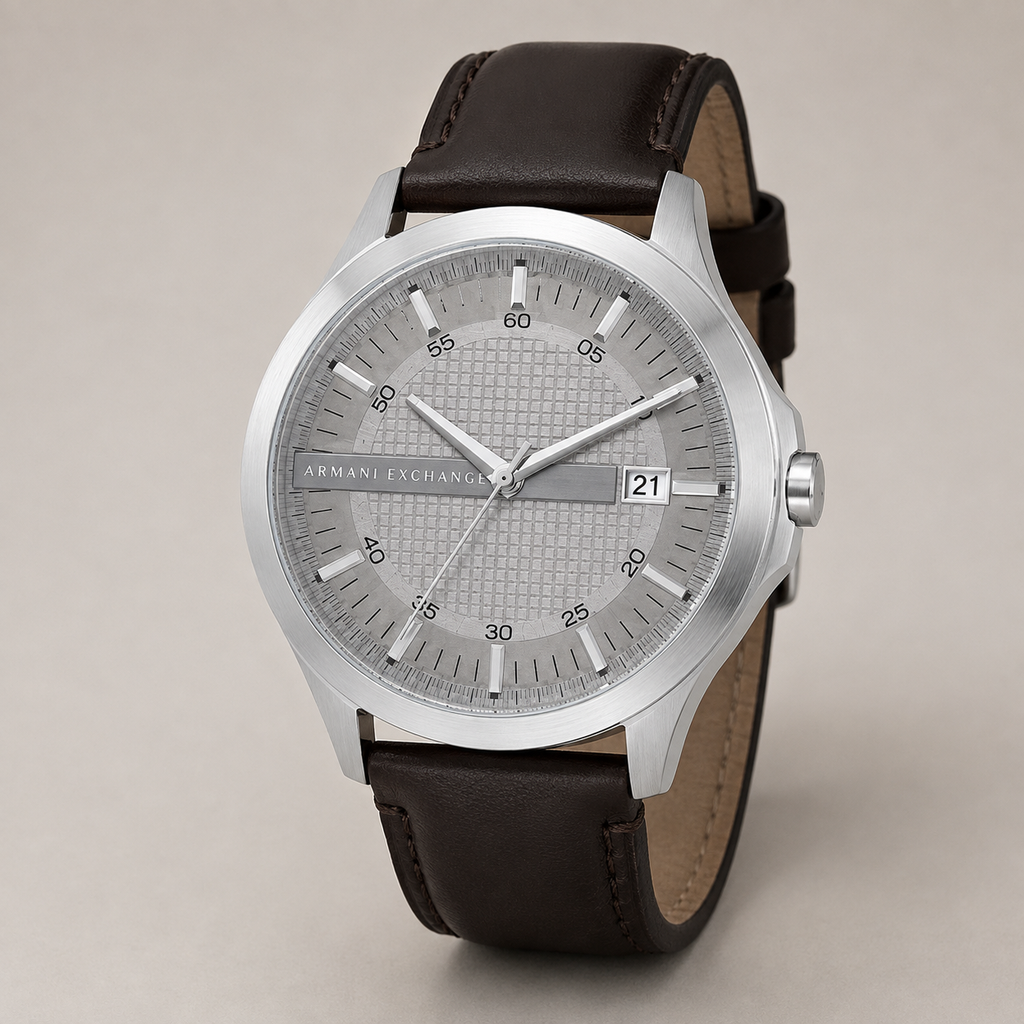 AX1867 men's silver textured-dial leather watch studio view