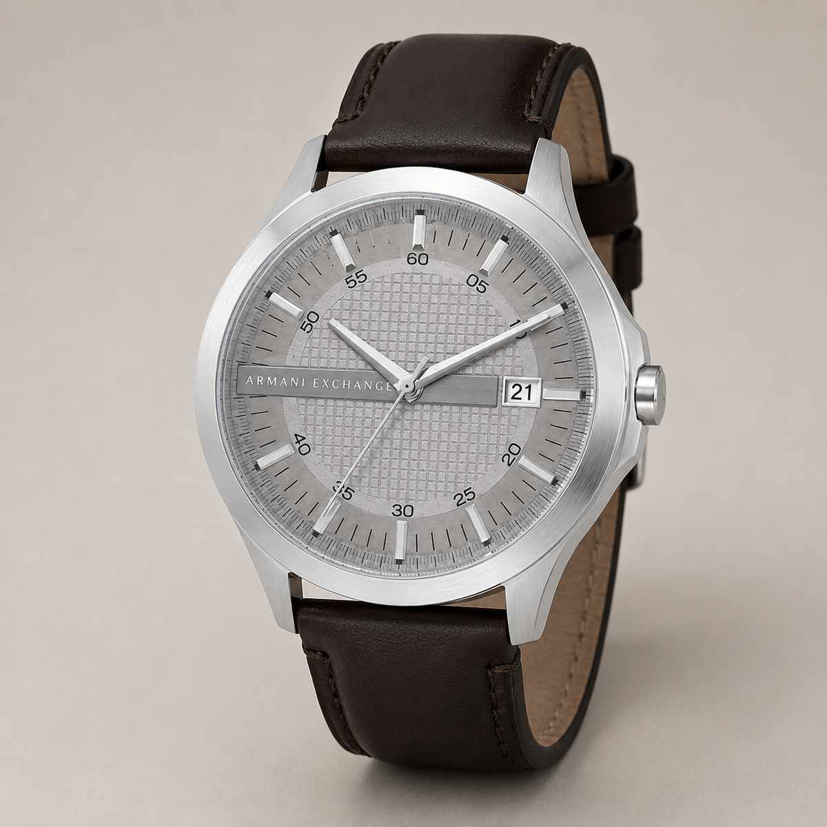 AX1867 men's silver textured-dial leather watch studio view