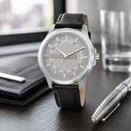 AX1867 men's silver textured-dial leather watch desk view