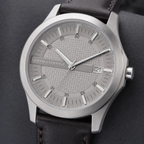 AX1867 men's silver textured-dial leather watch macro detail