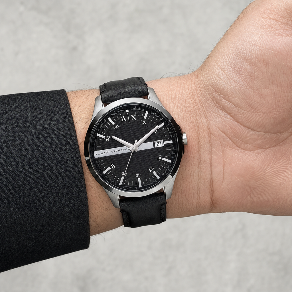AX1870 men's black dial leather watch worn on the inner wrist