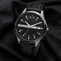 AX1870 men's black dial leather watch editorial view