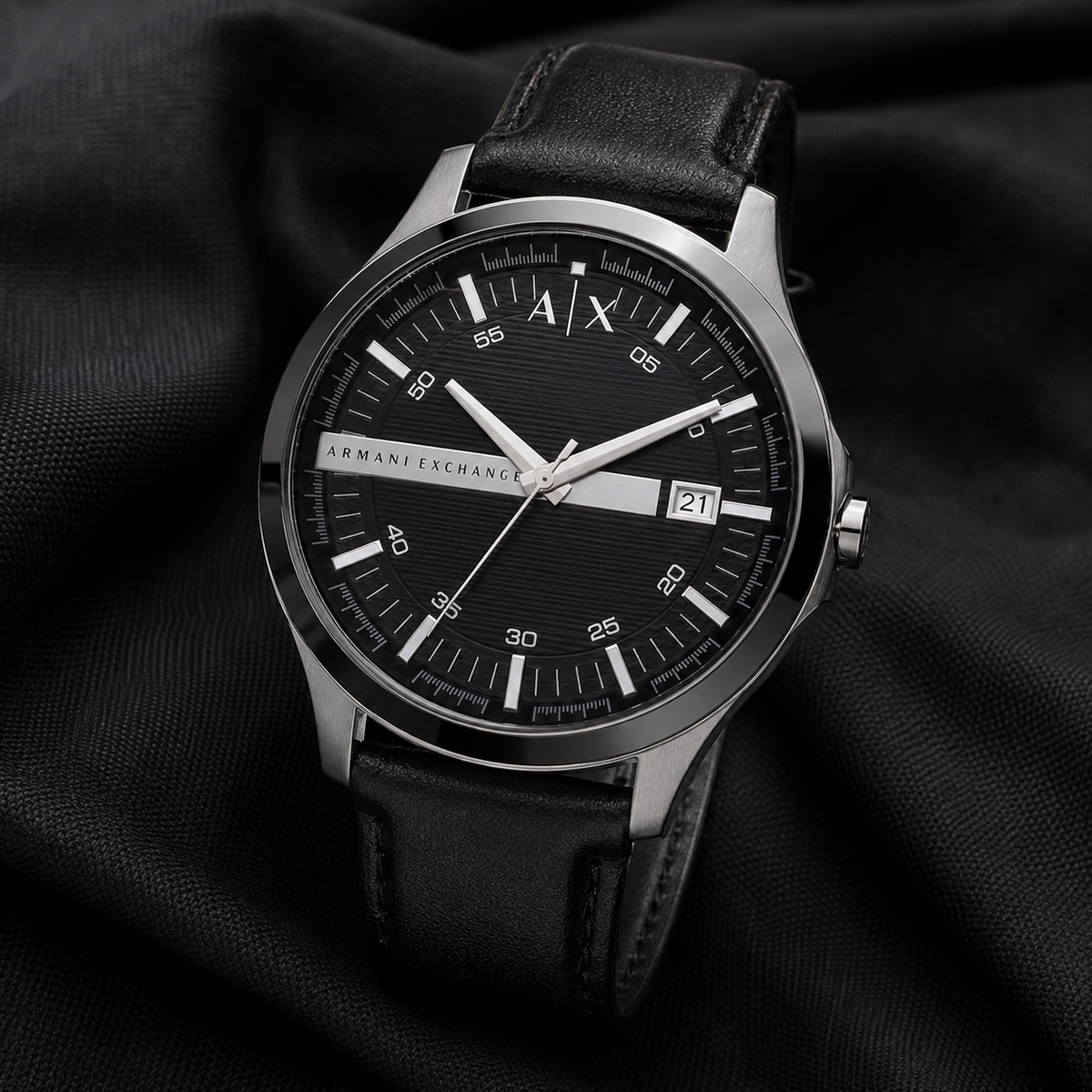 AX1870 men's black dial leather watch editorial view