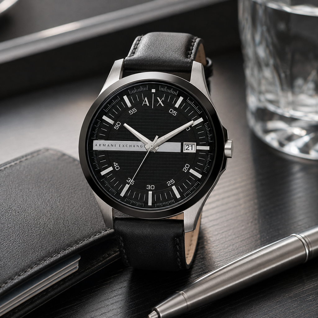 AX1870 men's black dial leather watch desk view