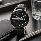 AX1870 men's black dial leather watch desk view