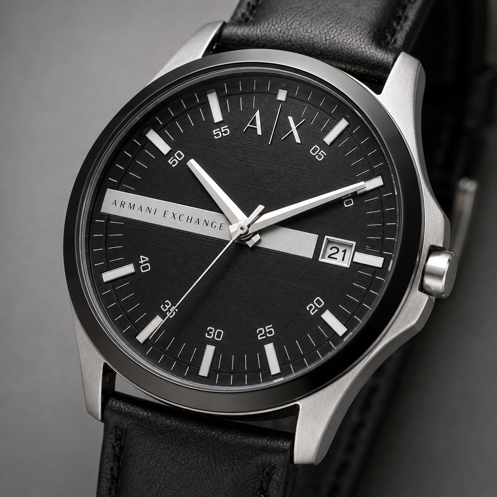 AX1870 men's black dial leather watch macro detail