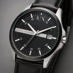 AX1870 men's black dial leather watch macro detail