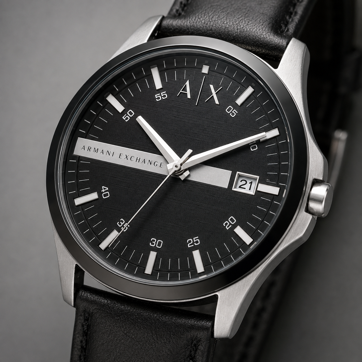 AX1870 men's black dial leather watch macro detail