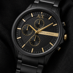 Armani Exchange AX2133 black and gold-tone chronograph dial detail