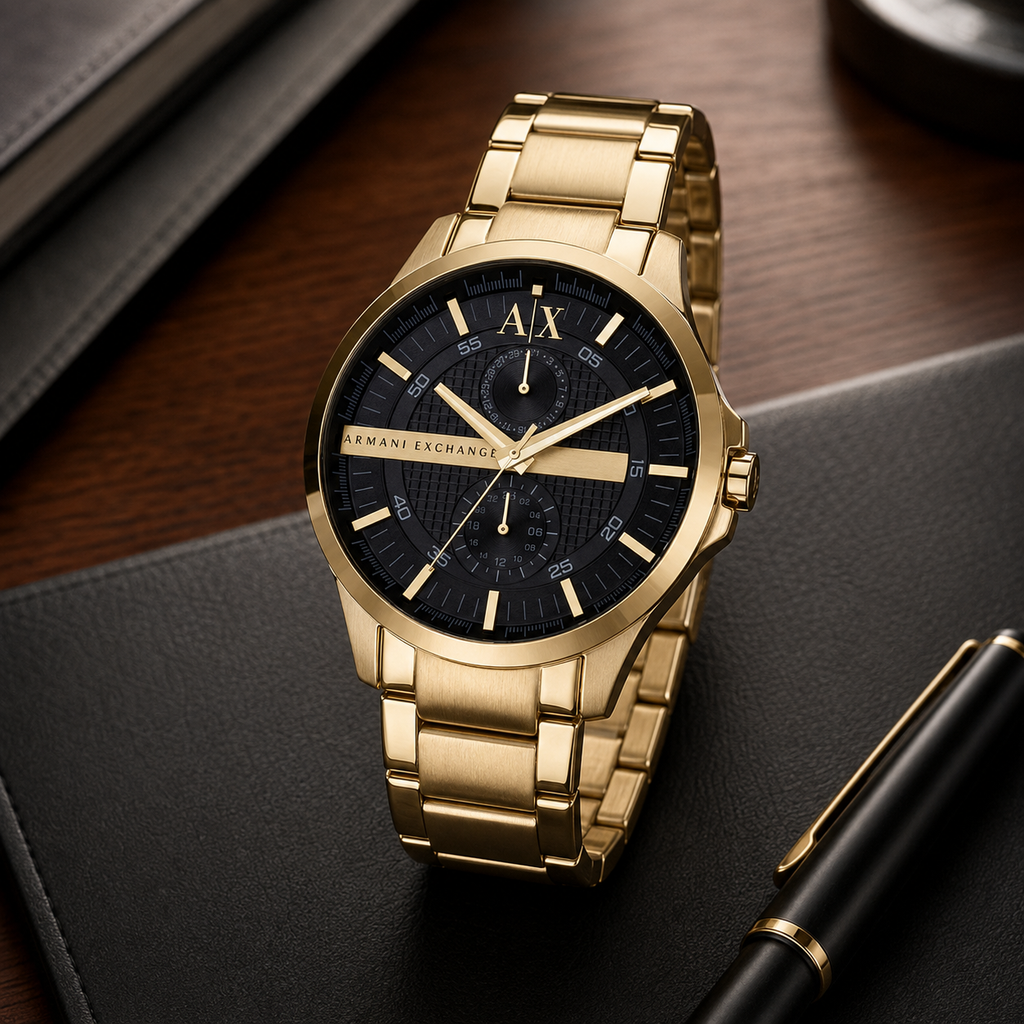Armani Exchange AX2135 gold-tone watch desk view