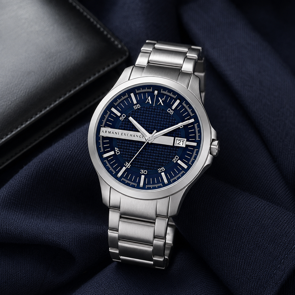 Armani Exchange AX2137 silver watch navy dial lifestyle view