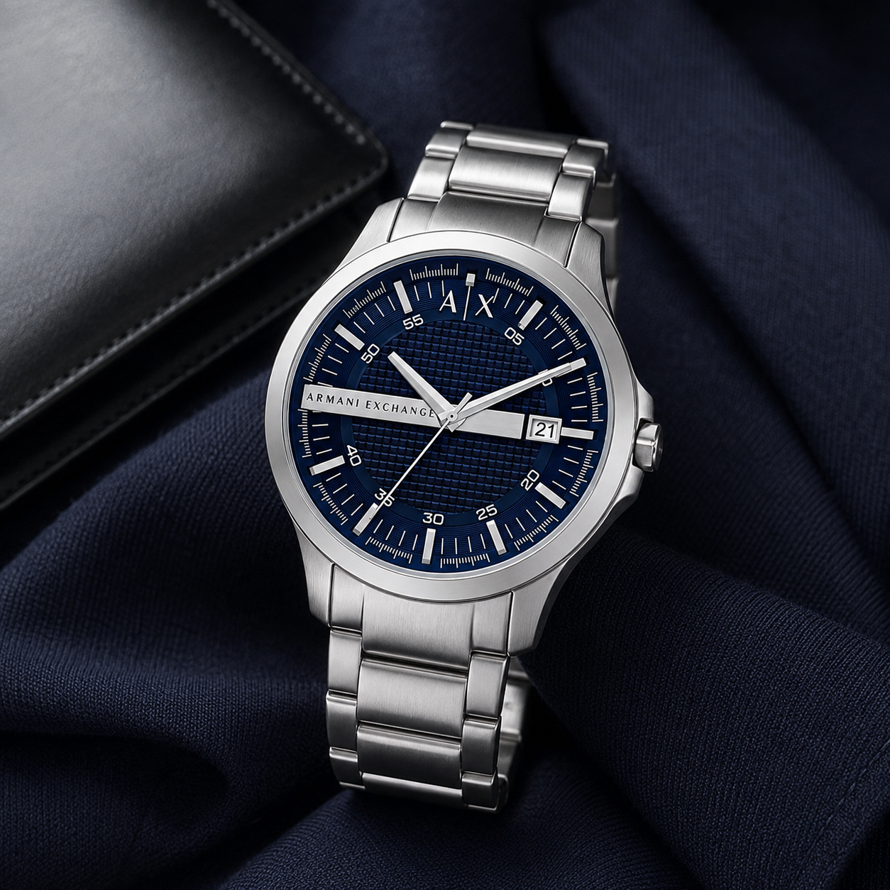 Armani Exchange AX2137 silver watch navy dial lifestyle view