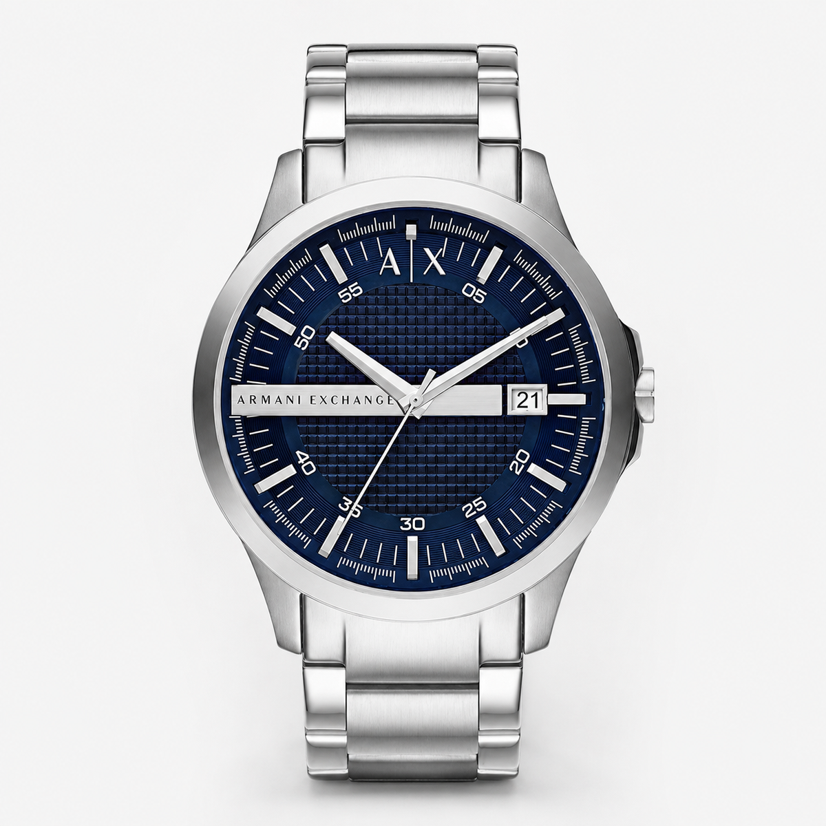 Armani Exchange AX2137 silver watch navy dial front packshot