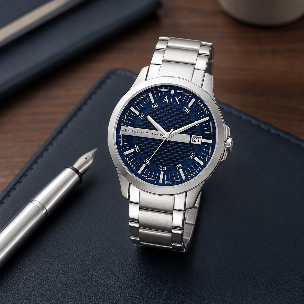 Armani Exchange AX2137 silver watch navy dial desk view