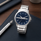 Armani Exchange AX2137 silver watch navy dial desk view