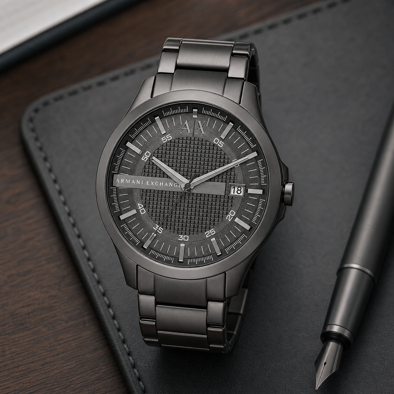 Armani Exchange AX2150 gunmetal watch desk view