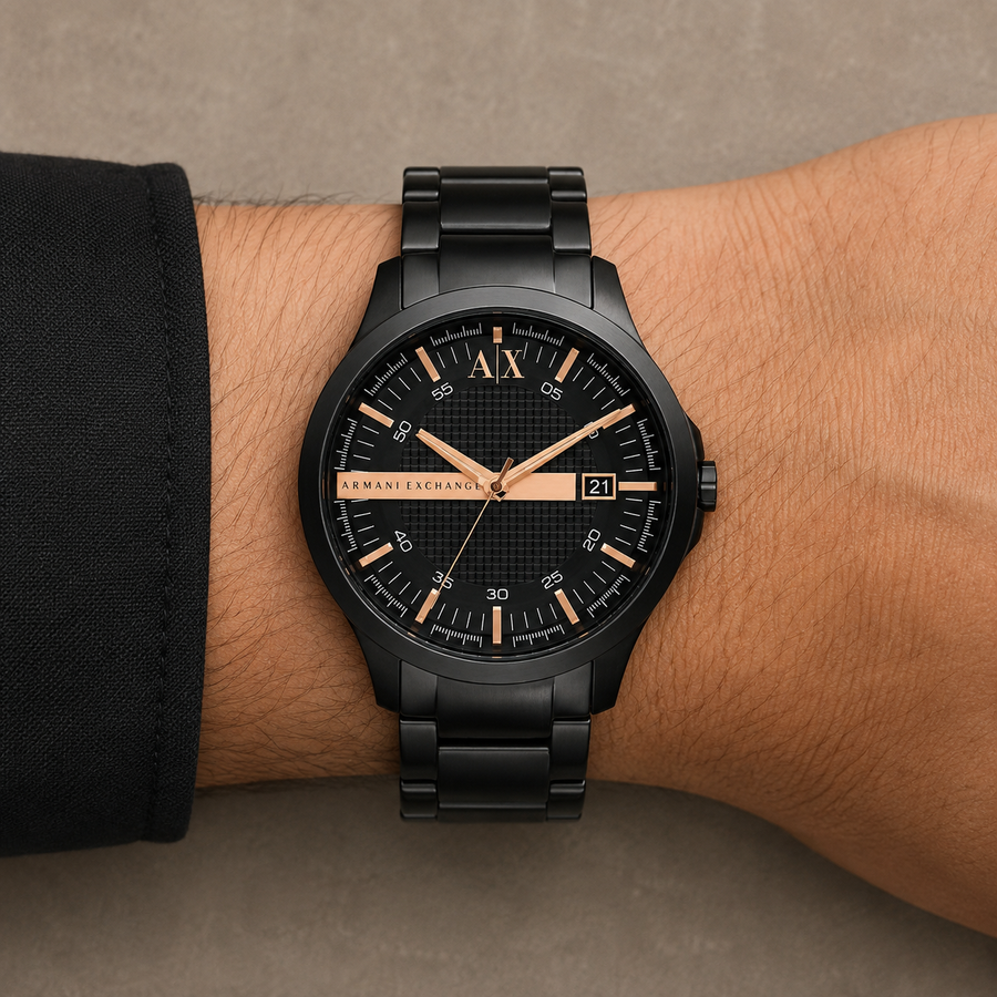 Armani Exchange AX2152 men's black and rose-gold-tone watch on wrist