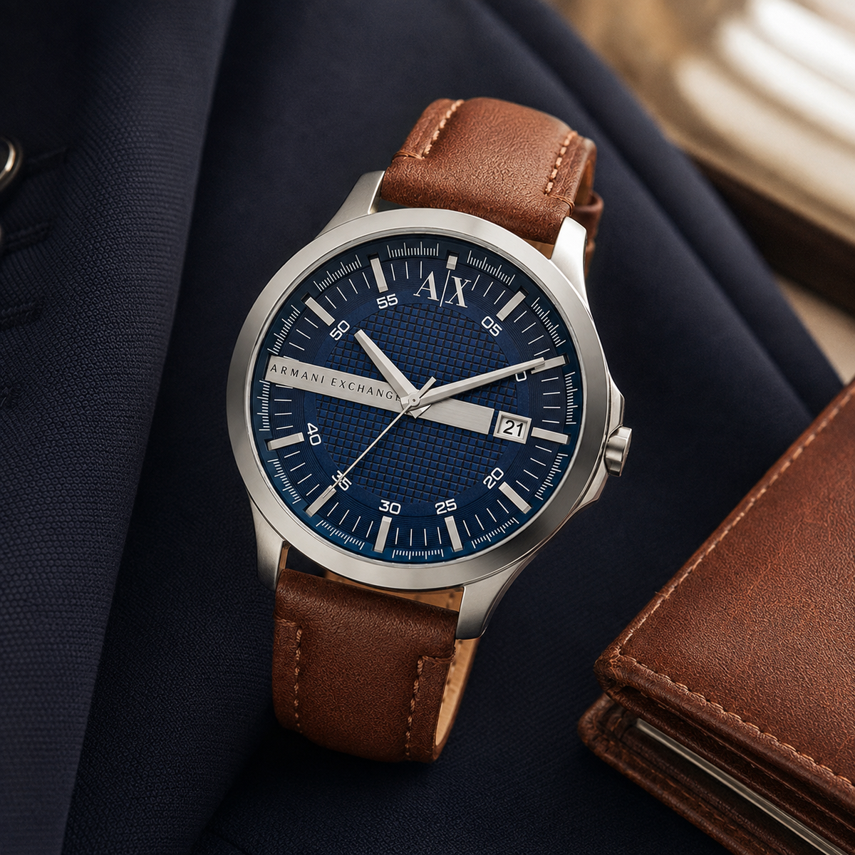 Armani Exchange AX2155 navy dial brown leather strap lifestyle view