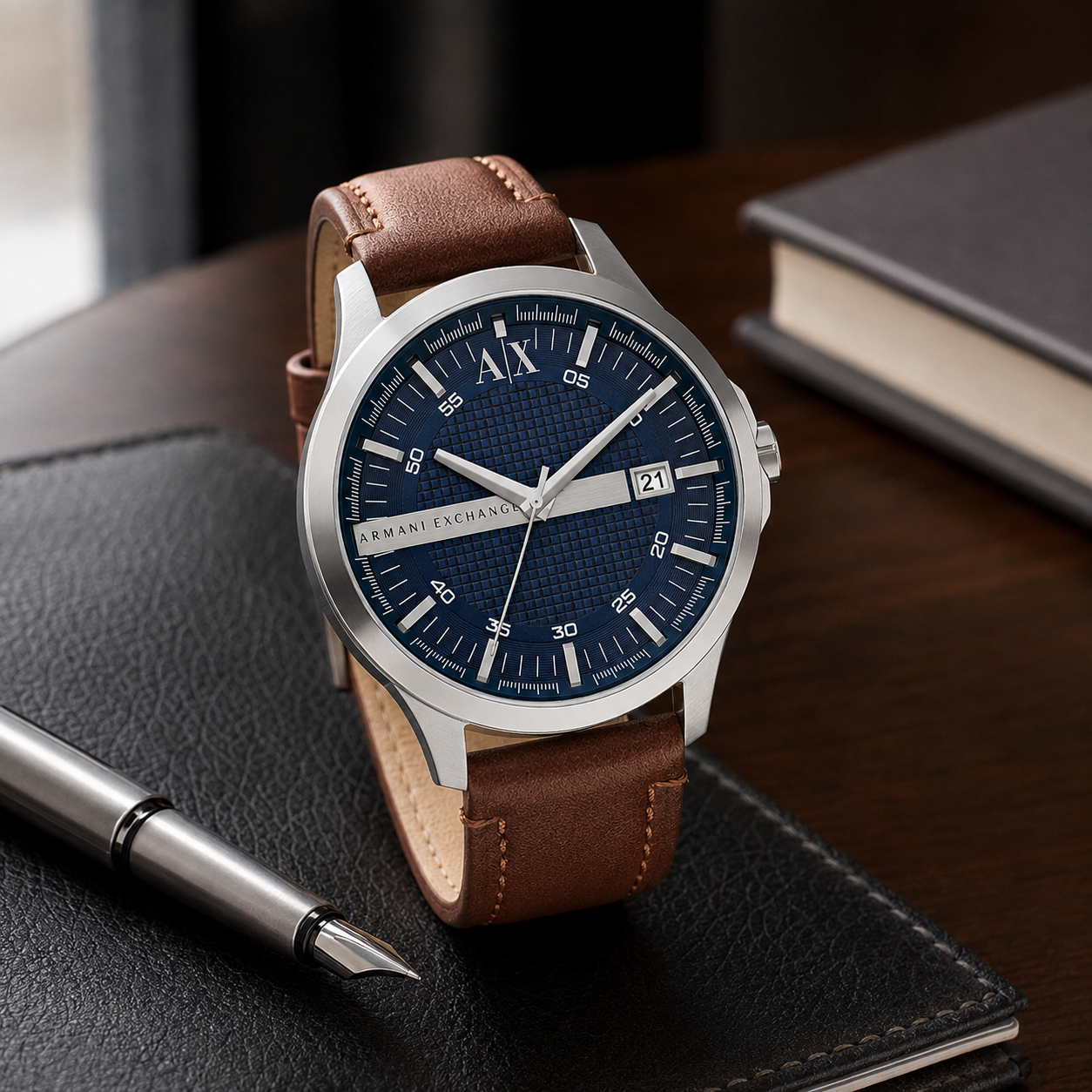 Armani Exchange AX2155 navy dial leather strap desk view