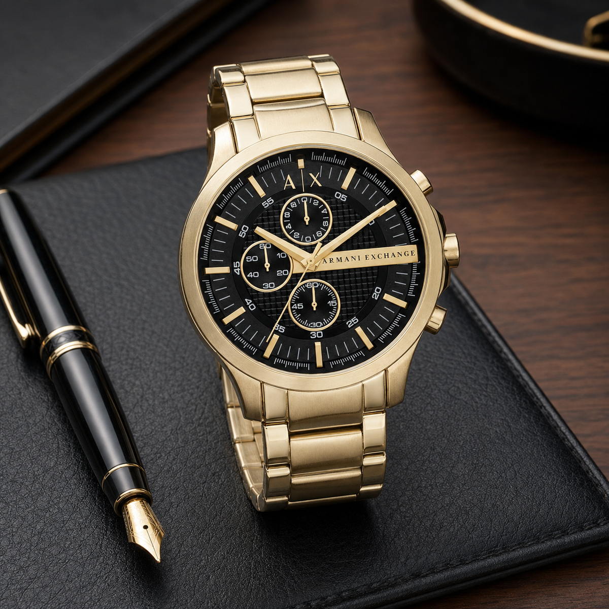 Armani Exchange AX2163 gold-tone chronograph desk view