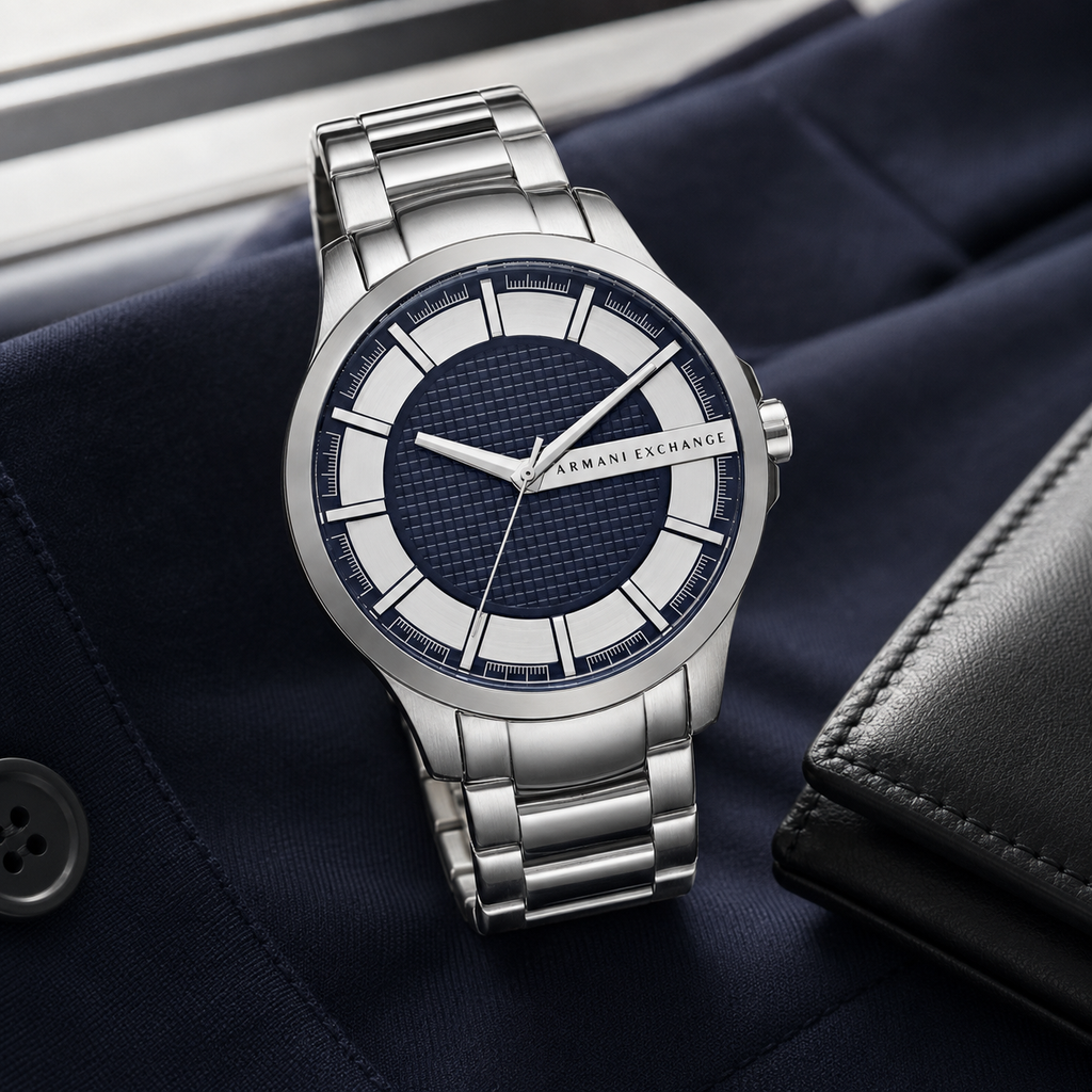 Armani Exchange AX2164 silver and navy watch lifestyle view