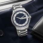 Armani Exchange AX2164 silver and navy watch lifestyle view