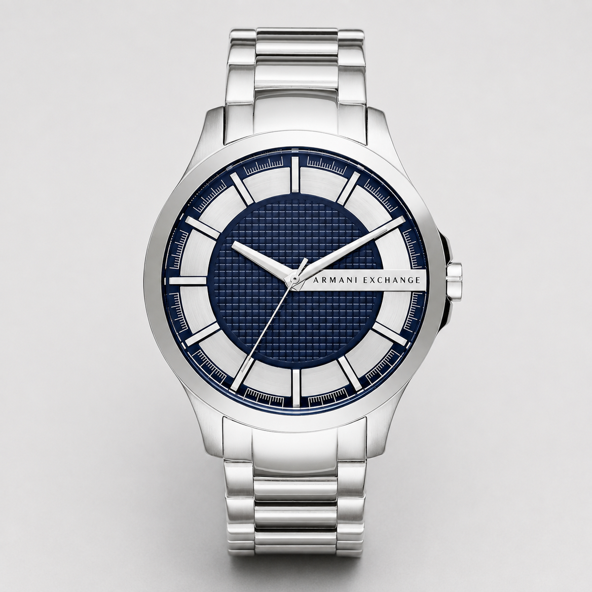 Armani Exchange AX2164 silver and navy watch front packshot