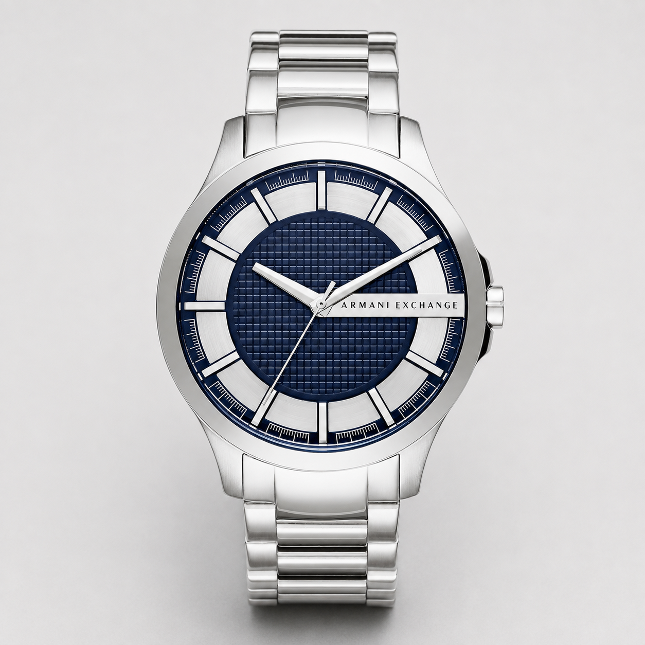 Armani Exchange AX2164 silver and navy watch front packshot