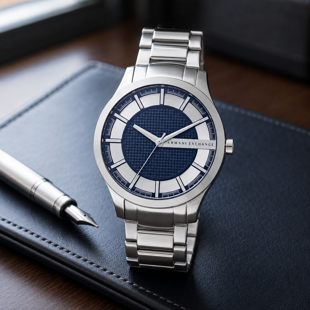 Armani Exchange AX2164 silver and navy watch desk view